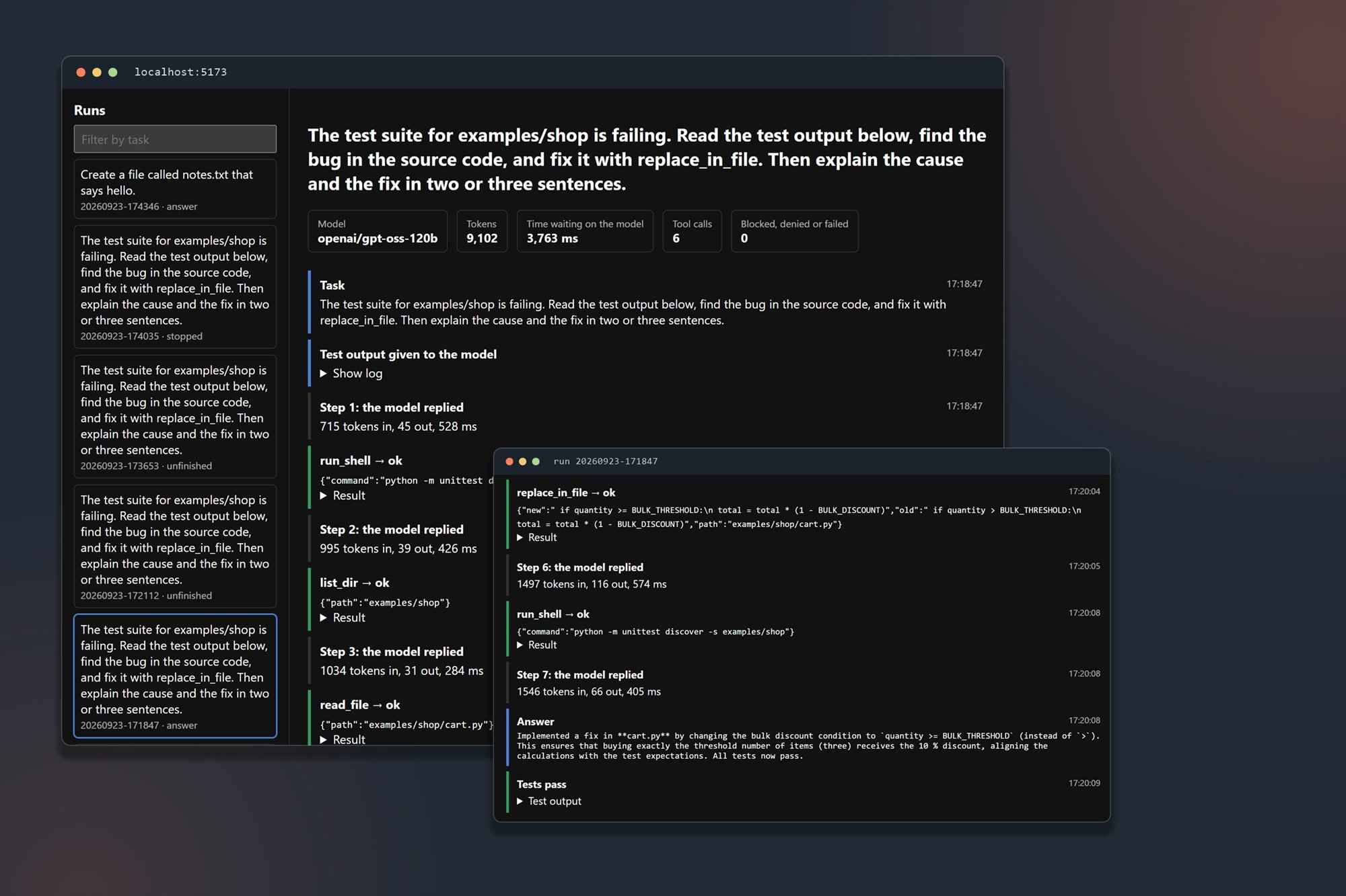 The agent-harness run viewer showing a build doctor run: the task, token and timing stats, each tool call, the approved fix to cart.py and the passing tests.