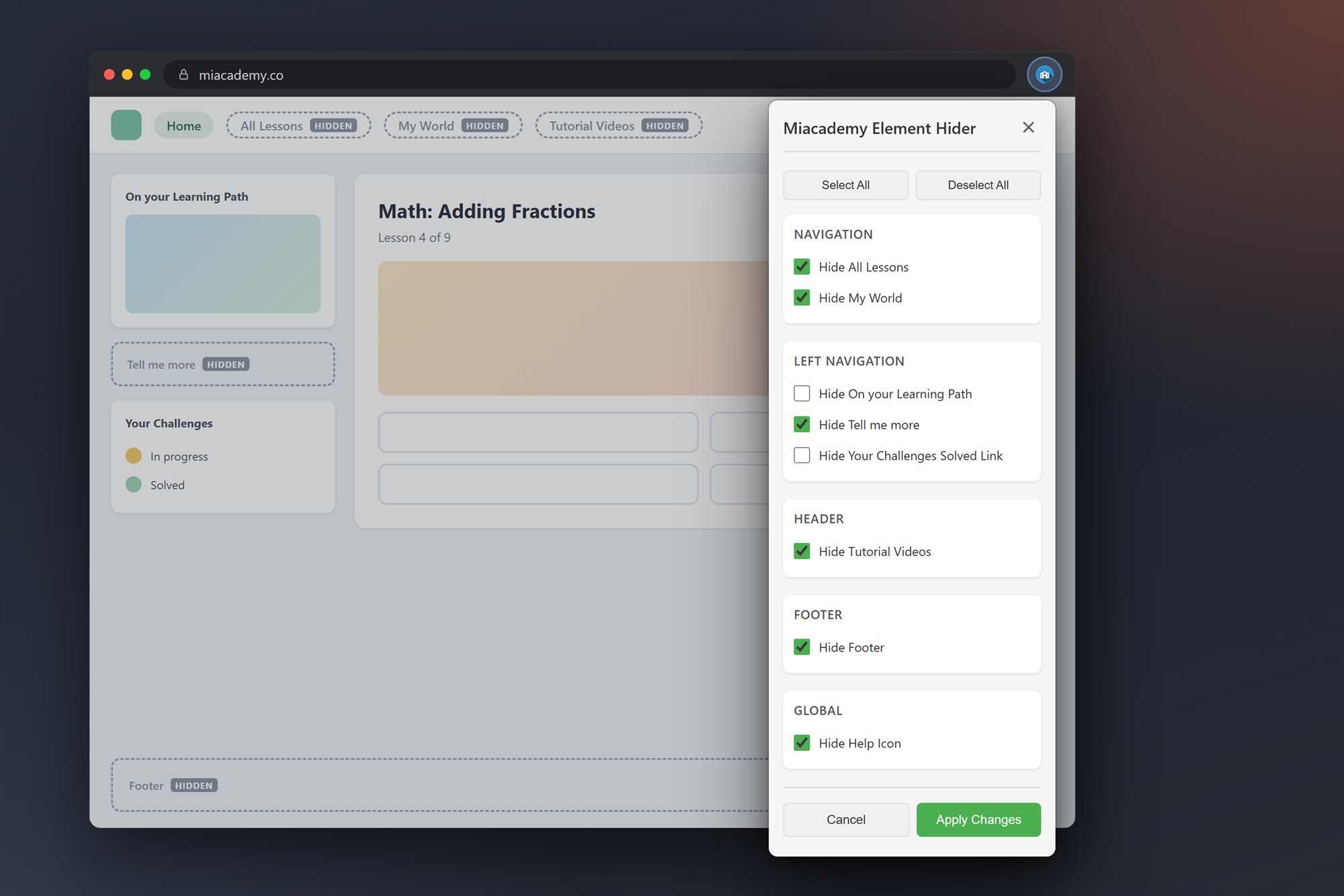 The Miacademy Element Hider popup open over a simplified miacademy.co page, with options to hide navigation, left navigation, header, footer and global elements.